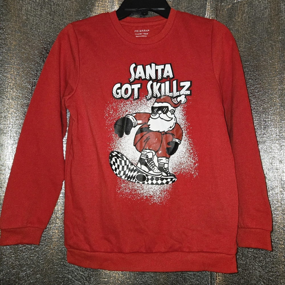CHRISTMAS SWEATSHIRT TOP Red SANTA GOT SKILLZ 11-12 Years